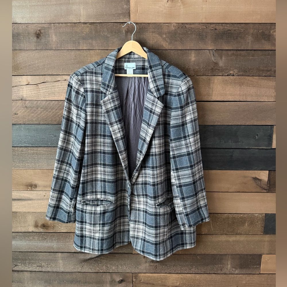 Vintage 90s Plaid Wool Blazer Justin B. Jones Gray Oversized Jacket